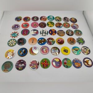Vintage lot of 48 Milk Caps Game Cardboard Discs Mixed Brands POGs, Stack n Slam